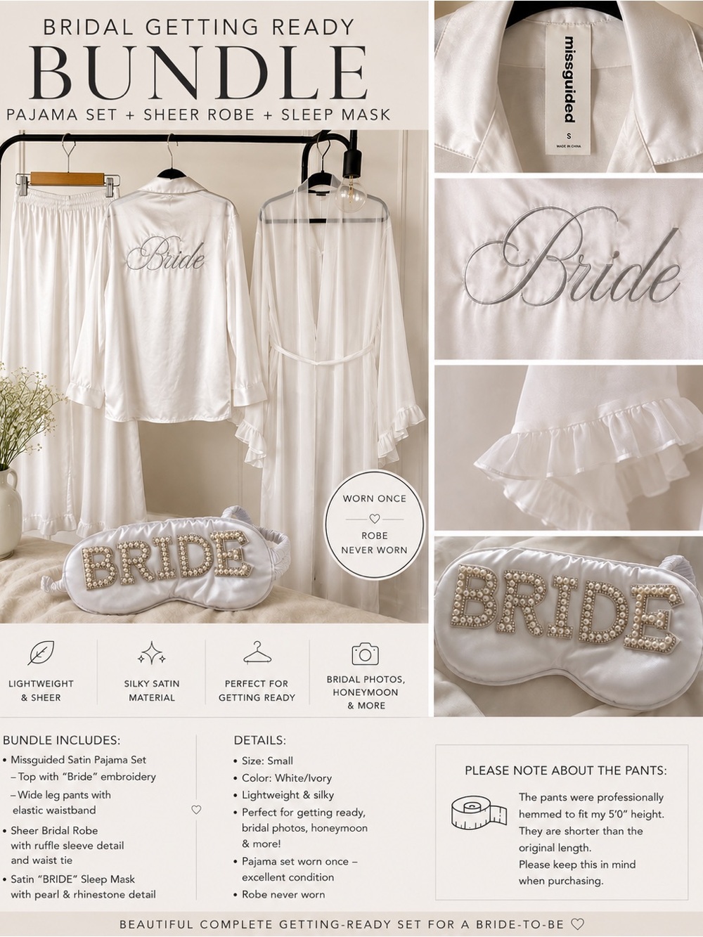 Missguided Bridal Getting Ready Bundle Pajamas Robe + Bride Sleep Mask Size S